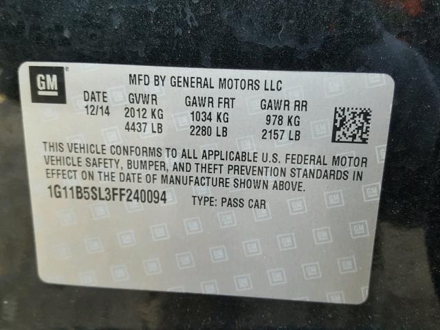 1G11B5SL3FF240094 - 2015 CHEVROLET MALIBU LS BLACK photo 10