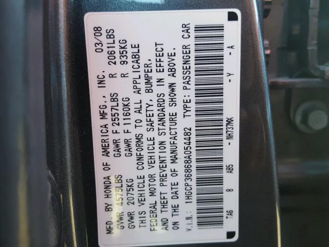 1HGCP36868A054482 - 2008 HONDA ACCORD EXL CHARCOAL photo 10