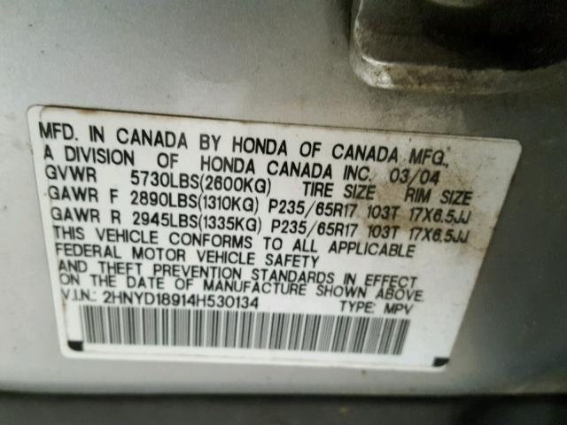 2HNYD18914H530134 - 2004 ACURA MDX TOURIN SILVER photo 10