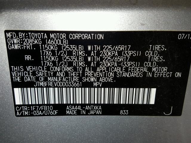 JTMBFREV0DD033661 - 2013 TOYOTA RAV4 LE SILVER photo 10