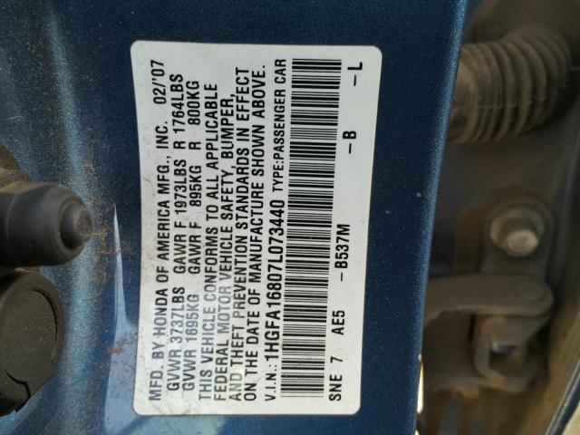 1HGFA16807L073440 - 2007 HONDA CIVIC EX ლურჯი ფოტო 10