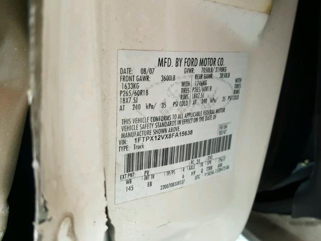 1FTPX12VX8FA15638 - 2008 FORD F150 WHITE photo 10