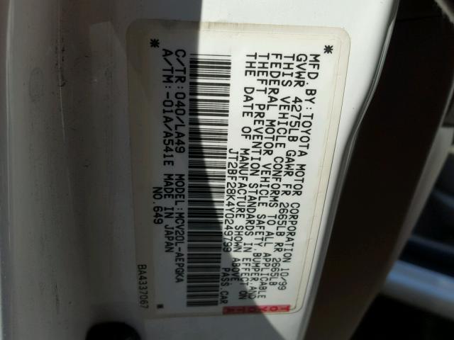 JT2BF28K4Y0249799 - 2000 TOYOTA CAMRY LE WHITE photo 10