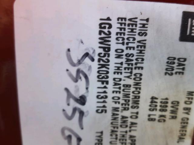 1G2WP52K03F113115 - 2003 PONTIAC GRAND PRIX MAROON photo 10