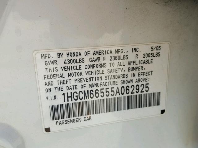 1HGCM66555A062925 - 2005 HONDA ACCORD EX WHITE photo 10