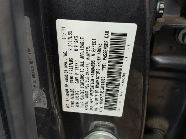 1HGCP2F35CA048566 - 2012 HONDA ACCORD LX GRAY photo 10