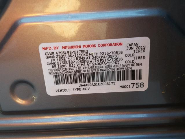 JA4AD2A31EZ006173 - 2014 MITSUBISHI OUTLANDER GRAY photo 10