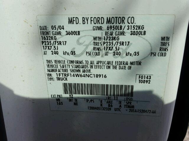 1FTRF14W64NC18916 - 2004 FORD F150 WHITE photo 10