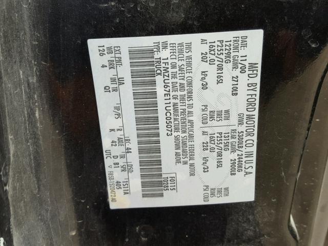 1FMZU67E11UC05073 - 2001 FORD EXPLORER S BLACK photo 10