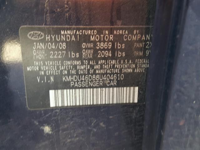 KMHDU46D88U404610 - 2008 HYUNDAI ELANTRA GL BLUE photo 10