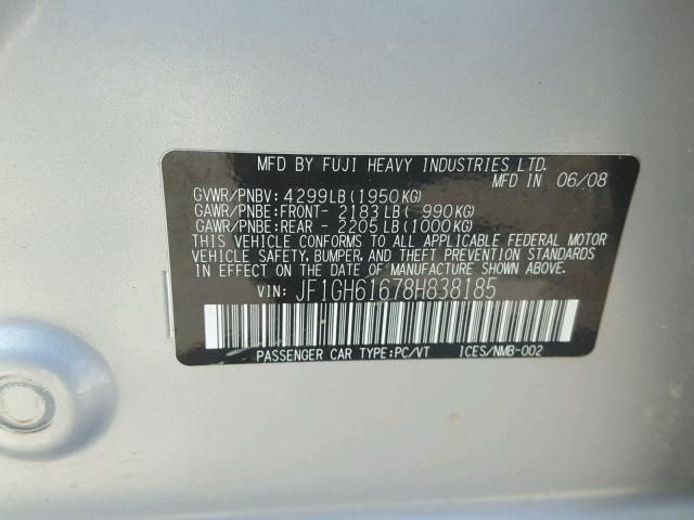 JF1GH61678H838185 - 2008 SUBARU IMPREZA 2. SILVER photo 10