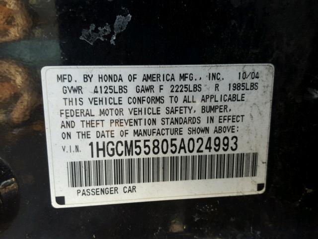 1HGCM55805A024993 - 2005 HONDA ACCORD EX BLACK photo 10