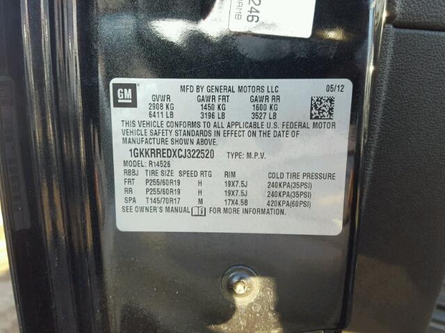 1GKKRREDXCJ322520 - 2012 GMC ACADIA SLT შავი ფოტო 10