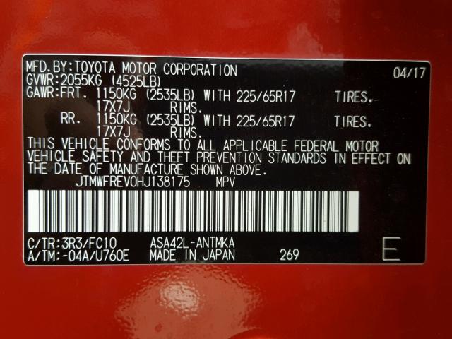 JTMWFREV0HJ138175 - 2017 TOYOTA RAV4 XLE RED photo 10