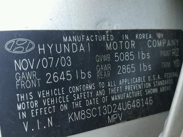 KM8SC13D24U648146 - 2004 HYUNDAI SANTA FE G SILVER photo 10