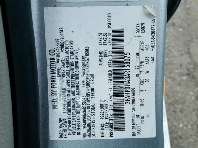 3FAHP0HA3AR158075 - 2010 FORD FUSION SE SILVER photo 10