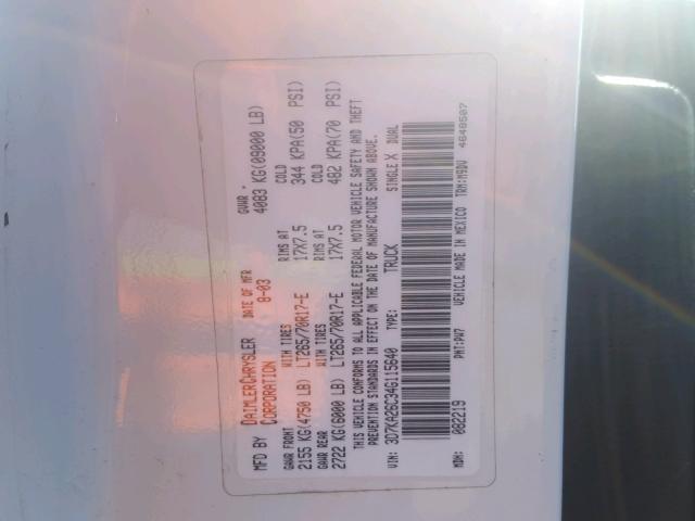 3D7KA26C34G115640 - 2004 DODGE RAM 2500 S თეთრი ფოტო 10