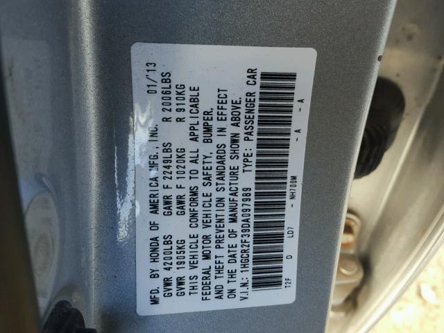 1HGCR2F39DA097989 - 2013 HONDA ACCORD LX SILVER photo 10