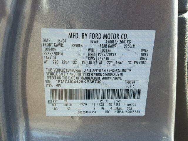 1FMCU04128KB36730 - 2008 FORD ESCAPE LIM GRAY photo 10