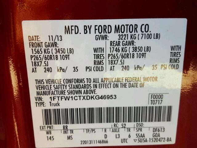 1FTFW1CTXDKG46953 - 2013 FORD F150 SUPER RED photo 10