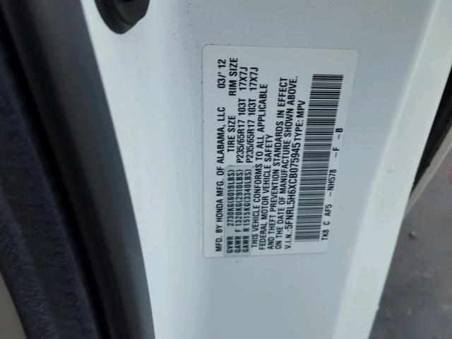 5FNRL5H6XCB075945 - 2012 HONDA ODYSSEY EX WHITE photo 10