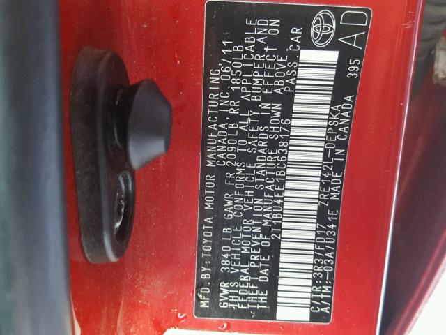 2T1BU4EE1BC638176 - 2011 TOYOTA COROLLA BA RED photo 10