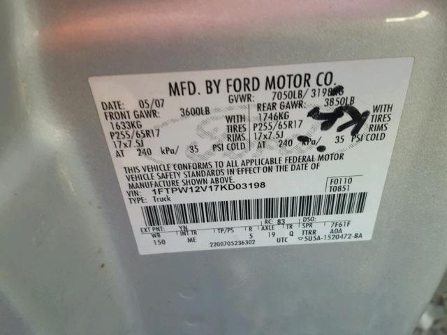 1FTPW12V17KD03198 - 2007 FORD F150 SUPER SILVER photo 10