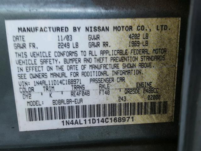 1N4AL11D14C168971 - 2004 NISSAN ALTIMA BAS GREEN photo 10