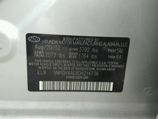 5NPDH4AE8DH214738 - 2013 HYUNDAI ELANTRA GL SILVER photo 10