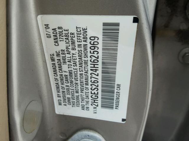 2HGES26724H625969 - 2004 HONDA CIVIC EX SILVER photo 10