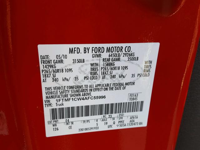 1FTMF1CW4AFC55996 - 2010 FORD F150 RED photo 10