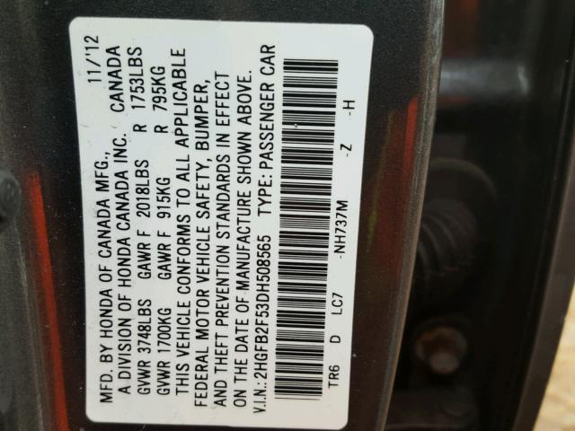 2HGFB2F53DH508565 - 2013 HONDA CIVIC LX CHARCOAL photo 10