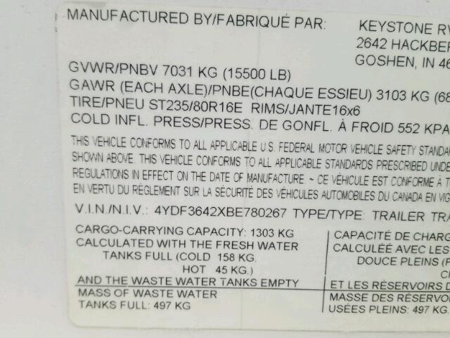 4YDF3642XBE780267 - 2011 KEYSTONE ALPINE WHITE photo 10