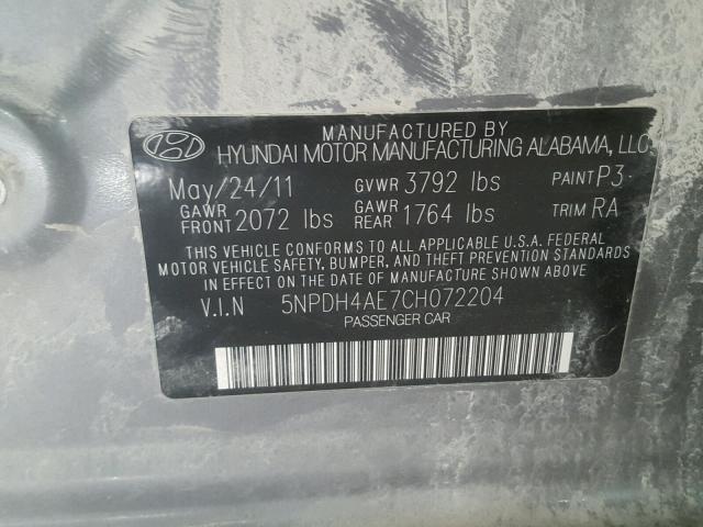 5NPDH4AE7CH072204 - 2012 HYUNDAI ELANTRA GL GRAY photo 10