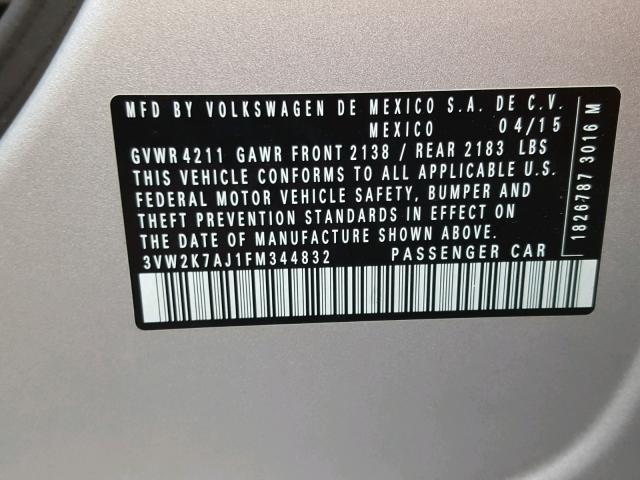 3VW2K7AJ1FM344832 - 2015 VOLKSWAGEN JETTA BASE ვერცხლისფერი ფოტო 10