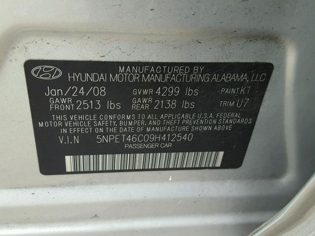 5NPET46C09H412540 - 2009 HYUNDAI SONATA GLS SILVER photo 10