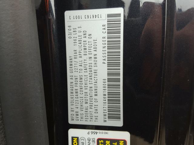 WVWEV71K46W168066 - 2006 VOLKSWAGEN NEW GTI BLACK photo 10