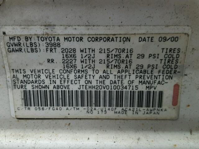 JTEHH20V010034715 - 2001 TOYOTA RAV4 WHITE photo 10