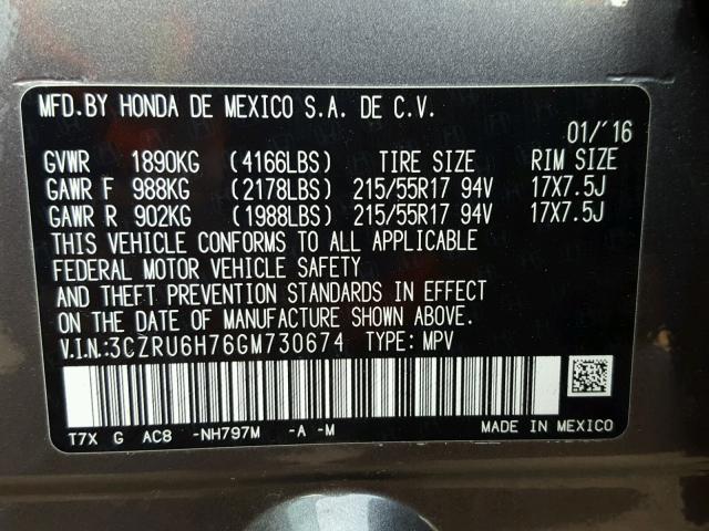 3CZRU6H76GM730674 - 2016 HONDA HR-V EXL GRAY photo 10