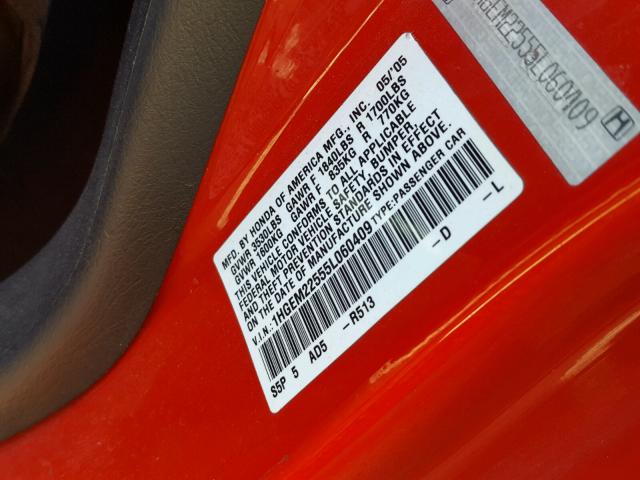 1HGEM22555L060409 - 2005 HONDA CIVIC LX RED photo 10