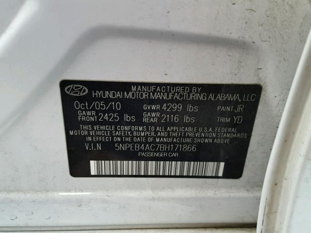 5NPEB4AC7BH171866 - 2011 HYUNDAI SONATA GLS WHITE photo 10