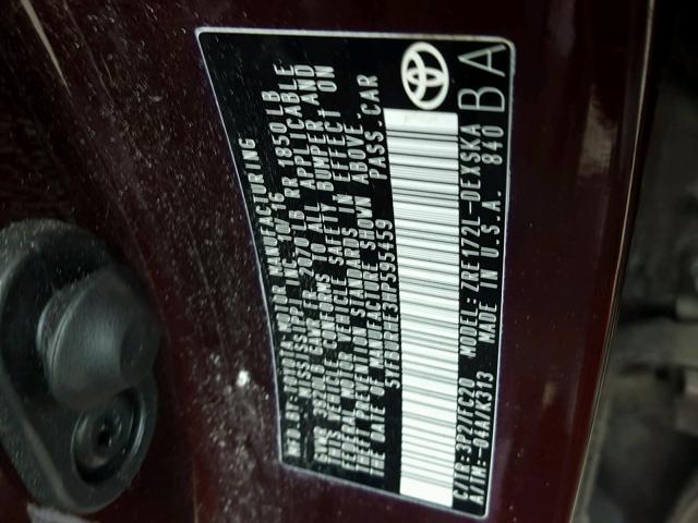 5YFBURHE3HP595459 - 2017 TOYOTA COROLLA L BURGUNDY photo 10