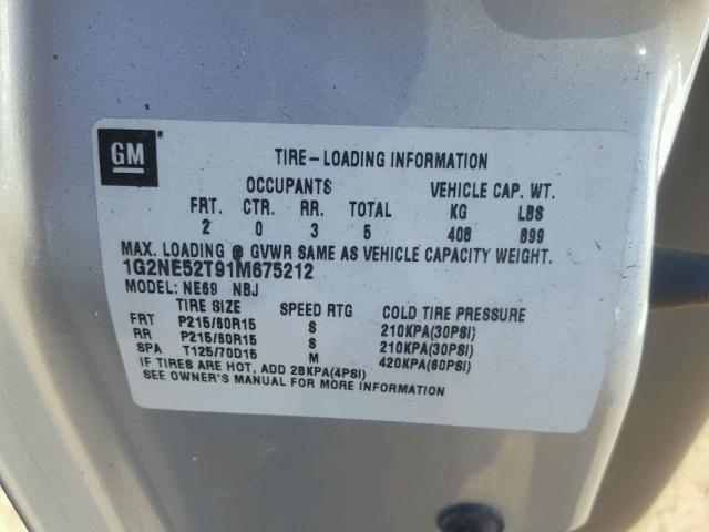 1G2NE52T91M675212 - 2001 PONTIAC GRAND AM S 银色 照片 10