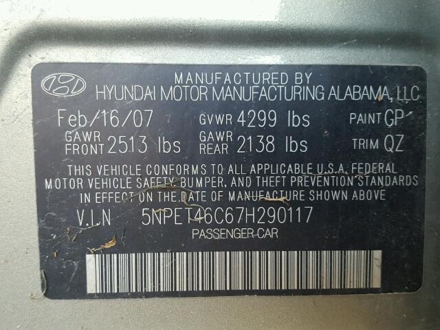 5NPET46C67H290117 - 2007 HYUNDAI SONATA GLS GREEN photo 10