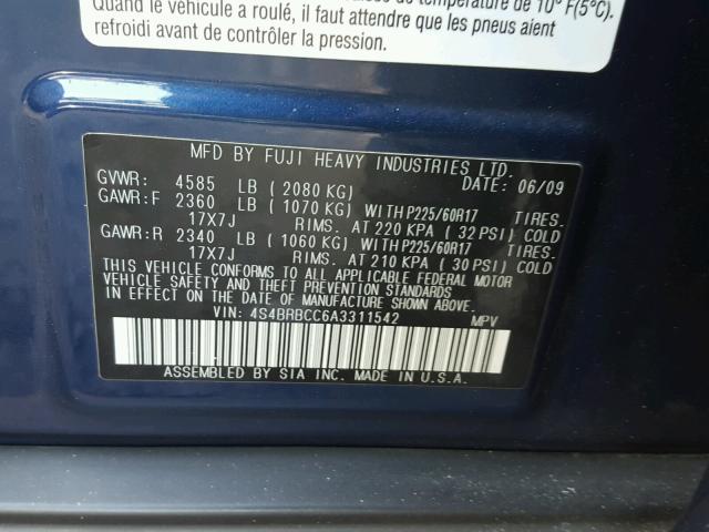 4S4BRBCC6A3311542 - 2010 SUBARU OUTBACK 2. BLUE photo 10