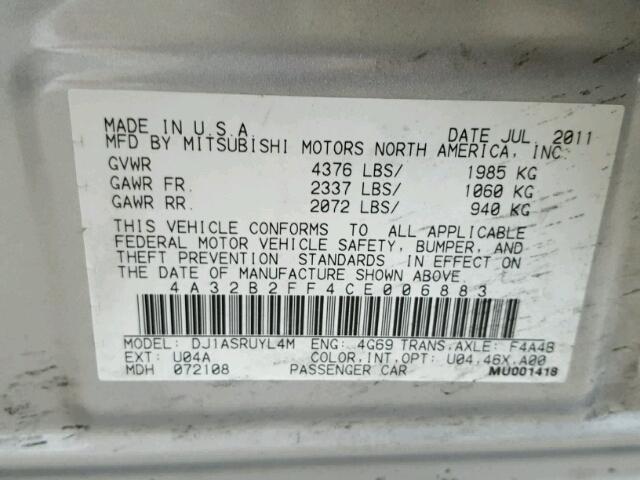 4A32B2FF4CE006883 - 2012 MITSUBISHI GALANT FE SILVER photo 10