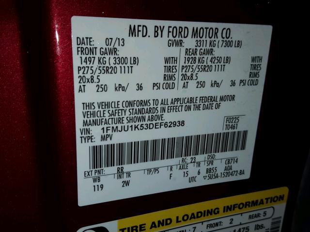 1FMJU1K53DEF62938 - 2013 FORD EXPEDITION RED photo 10