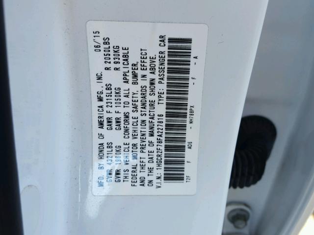 1HGCR2F78FA227816 - 2015 HONDA ACCORD EX WHITE photo 10