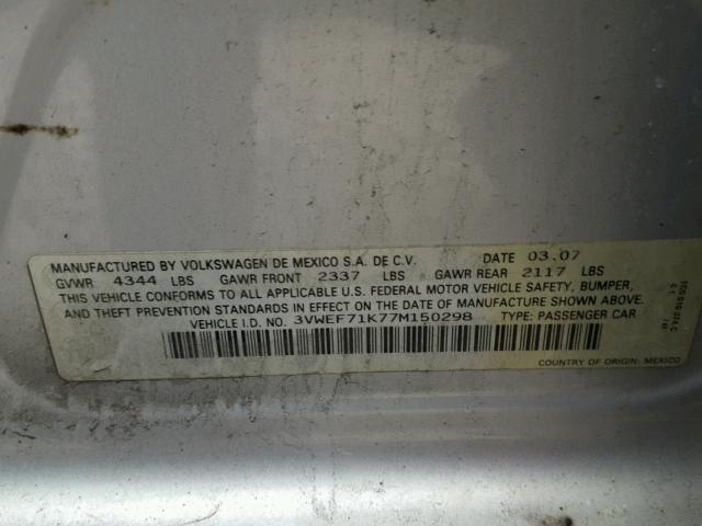 3VWEF71K77M150298 - 2007 VOLKSWAGEN JETTA WOLF SILVER photo 10