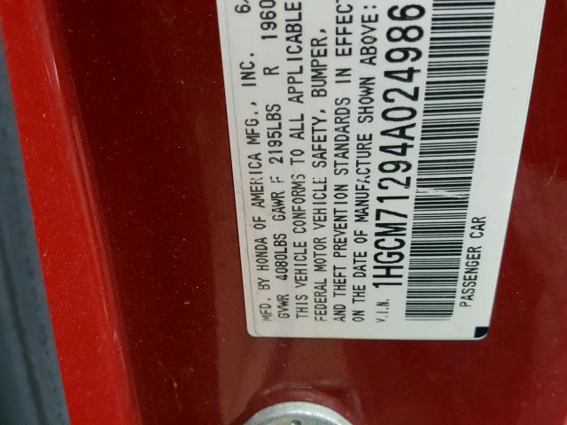 1HGCM71294A024986 - 2004 HONDA ACCORD LX BURGUNDY photo 10